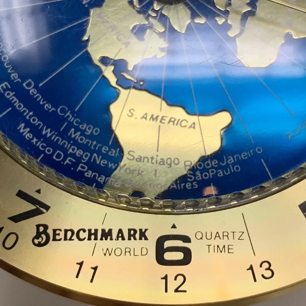 Vintage Benchmark World Time Desk Clock Quartz Brass Tone Map Globe 7”